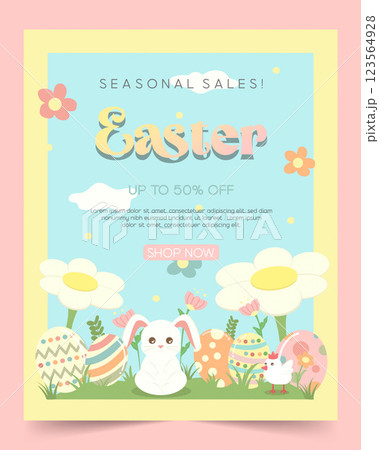 Cute Easter Bunny with Colorful Eggs in Spring Landscape, vector illustration 123564928