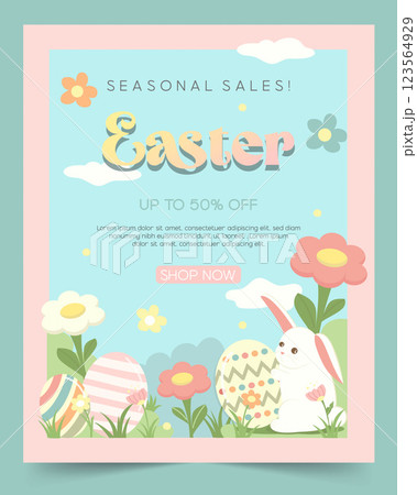 Charming Easter Chicken with Decorative Eggs in Spring Setting, vector illustration 123564929