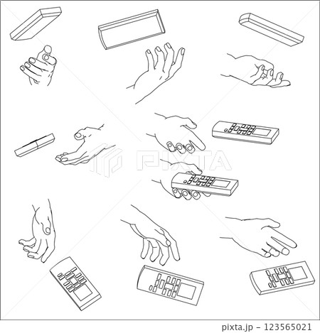 リモコンを持つ手のセット。白黒のベクターイラスト。 123565021