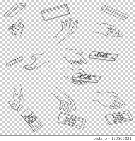 リモコンを持つ手のセット。白黒のベクターイラスト。 123565021