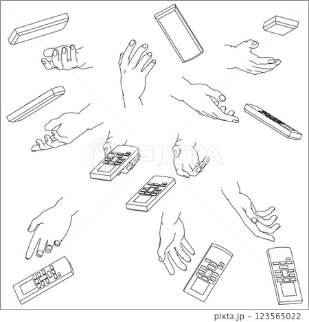 リモコンを持つ手のセット。白黒のベクターイラスト。 123565022