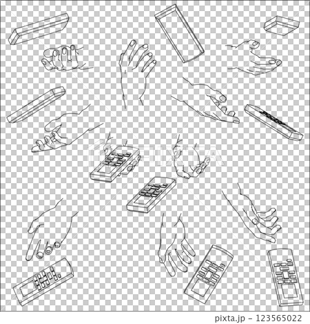 Set of hands holding a remote control. Black and white vector illustration. Set of hands holding a remote control. Black and white vector illustration. 123565022
