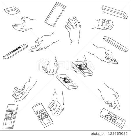リモコンを持つ手のセット。白黒のベクターイラスト。 123565023
