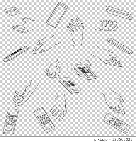 リモコンを持つ手のセット。白黒のベクターイラスト。 123565023