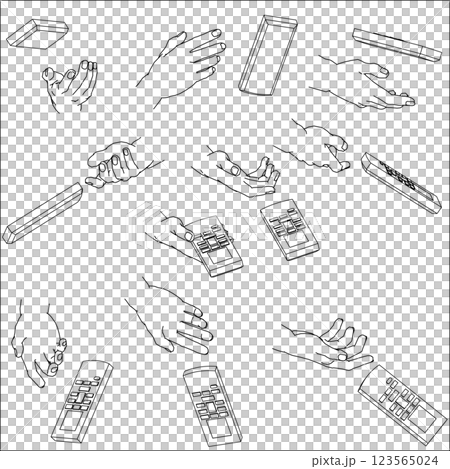 Set of hands holding a remote control. Black and white vector illustration. Set of hands holding a remote control. Black and white vector illustration. 123565024