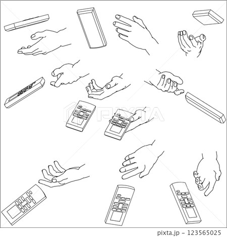 リモコンを持つ手のセット。白黒のベクターイラスト。 123565025