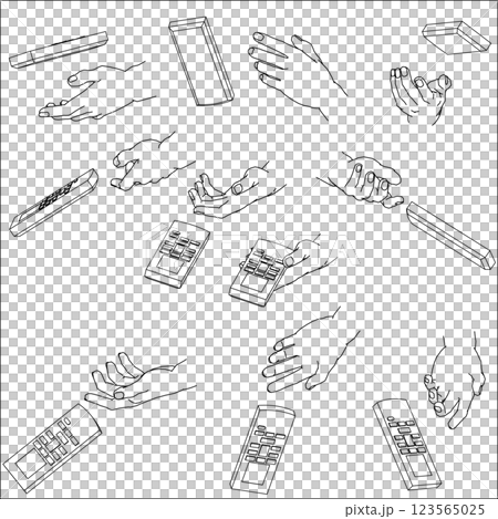 リモコンを持つ手のセット。白黒のベクターイラスト。 123565025
