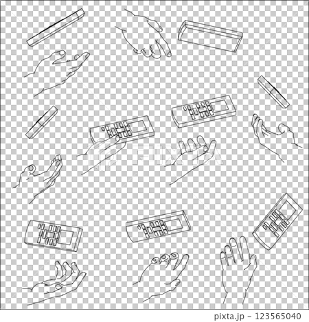 Set of hands holding a remote control. Black and white vector illustration. Set of hands holding a remote control. Black and white vector illustration. 123565040