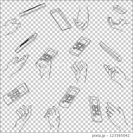 一雙手握著遙控器。黑白向量插圖。 一雙手握著遙控器。黑白向量插圖。 123565042