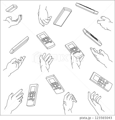 リモコンを持つ手のセット。白黒のベクターイラスト。 123565043