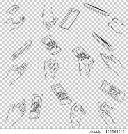 リモコンを持つ手のセット。白黒のベクターイラスト。 123565043