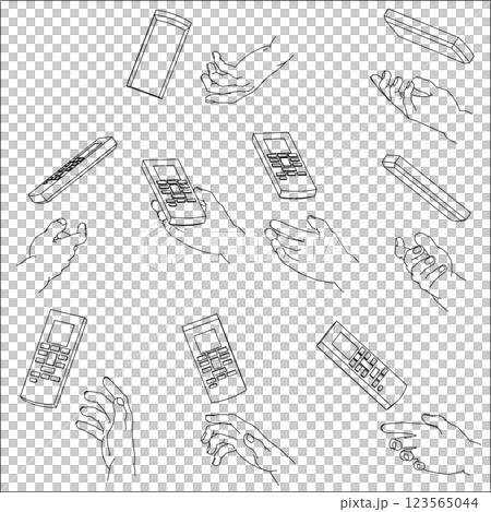 Set of hands holding a remote control. Black and white vector illustration. Set of hands holding a remote control. Black and white vector illustration. 123565044