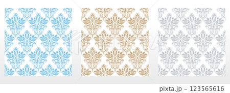 Wallpapers in the style of Baroque.. Set of colored floral ornaments. Seamless vector backgrounds Graphic patterns for fabric, wallpaper, packaging. Ornate Damask flower illustration Wallpapers in the style of Baroque.. Set of colored floral ornaments. Seamless vector backgrounds Graphic patterns for fabric, wallpaper, packaging. Ornate Damask flower illustration 123565616