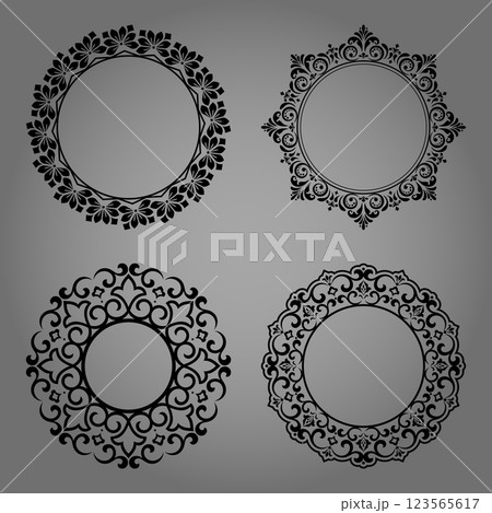 Set of decorative frames Elegant vector element for design in Eastern style, place for text. Floral black and gray borders. Lace illustration for invitations and greeting cards Set of decorative frames Elegant vector element for design in Eastern style, place for text. Floral black and gray borders. Lace illustration for invitations and greeting cards 123565617