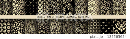 Geometric floral set of seamless patterns. Golden and black vector backgrounds. Damask graphic ornaments 123565624