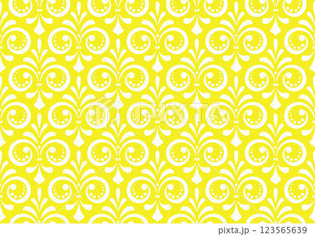 Wallpaper in the style of Baroque. White and yellow floral ornament. Seamless vector background. Graphic pattern for fabric, wallpaper, packaging. Ornate Damask flower illustration 123565639