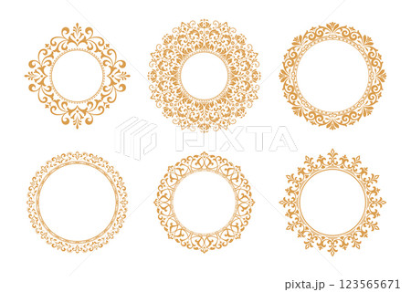 Set of decorative frames Elegant vector element for design in Eastern style, place for text. Floral golden and white borders. Lace illustration for invitations and greeting cards 123565671