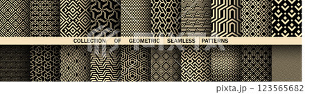 Geometric set of seamless black and golden patterns. Simple vector graphics Geometric set of seamless black and golden patterns. Simple vector graphics 123565682
