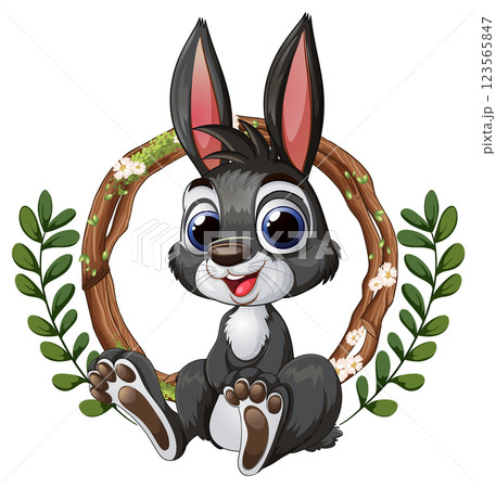 Cute Cartoon Bunny with Floral Wreath Cute Cartoon Bunny with Floral Wreath 123565847