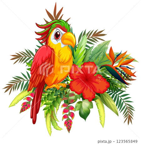 Colorful Parrot with Tropical Floral Arrangement Colorful Parrot with Tropical Floral Arrangement 123565849