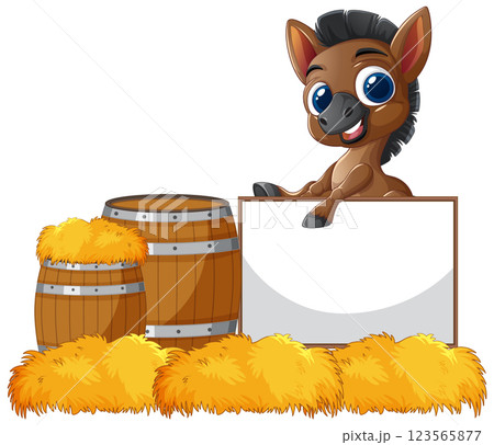 Cute Cartoon Horse with Hay Bales 123565877