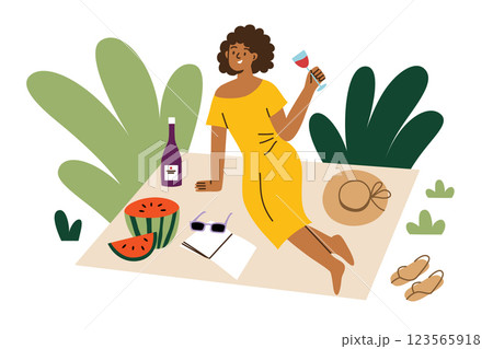 Vector illustration of stylish woman enjoying summer picnic with wine, watermelon, and book. Relaxed outdoor atmosphere with greenery. Girl spending me time, solo retreat. Flat, cartoon character 123565918