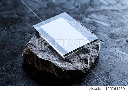 Transparent glass business card mockup with customizable text on a clean dark backdrop 123565989