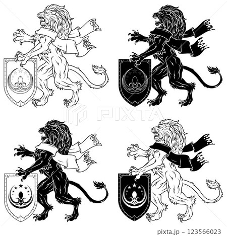 Rampant lion with ribbon and medieval shield Rampant lion with ribbon and medieval shield 123566023