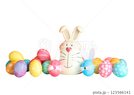 PNG, Easter, set of painted Easter eggs with rabbit, isolated on white background PNG, Easter, set of painted Easter eggs with rabbit, isolated on white background 123566141