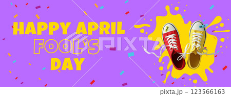 April Fool's Day, sneakers of different colors tied together on a lilac background, top view, with text 123566163