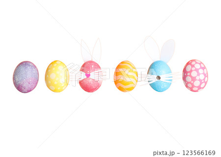 PNG, Easter, set of painted Easter eggs with rabbit ears, isolated on white background PNG, Easter, set of painted Easter eggs with rabbit ears, isolated on white background 123566169