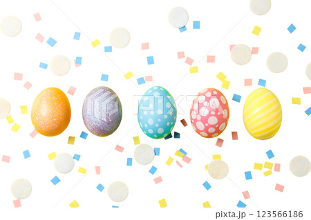PNG, Easter, set of painted Easter eggs, with confetti, isolated on white background 123566186