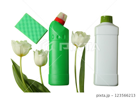 Spring cleaning, tulips, detergent bottles and sponge isolated on a white background, top view, PNG 123566213