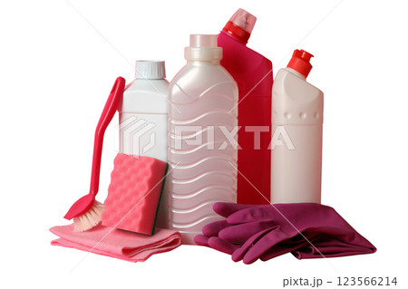 Spring cleaning, cleaning supplies isolated on white background, PNG 123566214