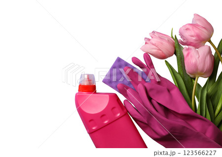 Spring cleaning, detergent in a bottle, cleaning gloves, sponge and tulips isolated on white background, space for text, top view, PNG 123566227