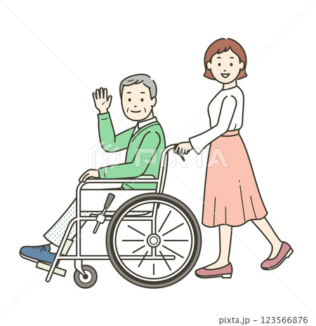 車椅子に座って手を振る高齢男性と介助ををする若い女性のイラスト 123566876