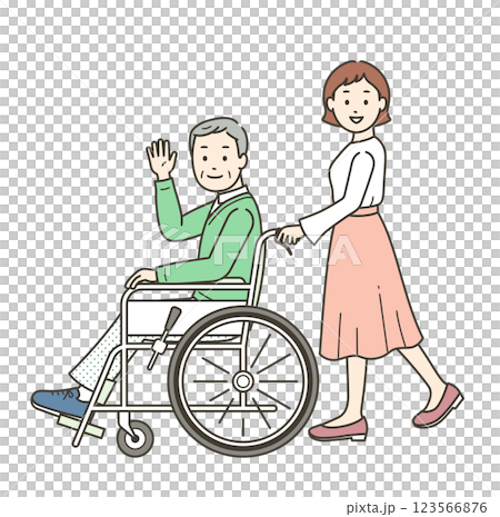 車椅子に座って手を振る高齢男性と介助ををする若い女性のイラスト 123566876