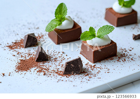 A minimalist dark chocolate ganache topped with a mint leaf, highlighting bold and simple flavors 123566933