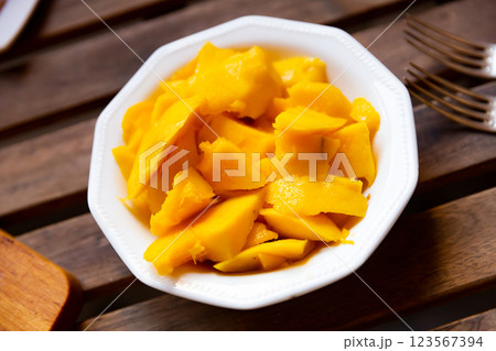 Pieces of ripe mango served on platter Pieces of ripe mango served on platter 123567394