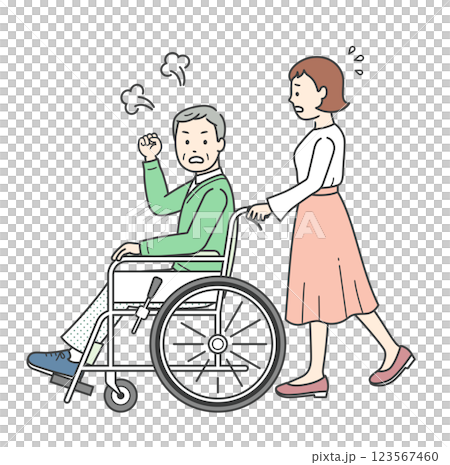 Full-body illustration of a young woman assisting an angry elderly man sitting in a wheelchair 123567460