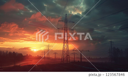 Panoramic view of majestic high-voltage power lines against the backdrop of sunset 123567846