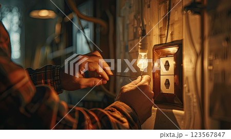 A craftsman in working clothes installs a socket or switch in a house 123567847