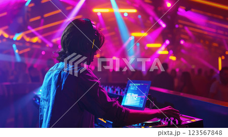 Energetic night scene in a modern club: a young stylish DJ in headphones stands behind a professional 123567848
