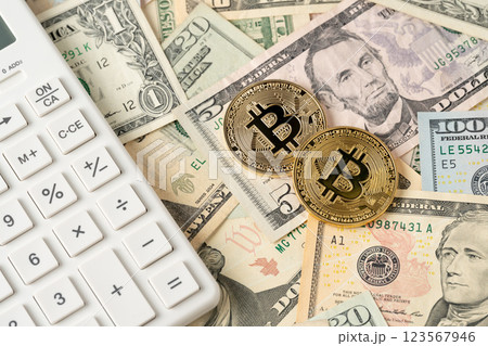 BTCとドル紙幣と計算機 123567946