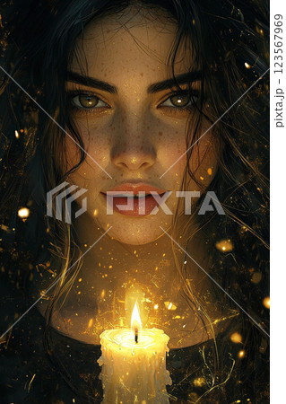 ろうそくの灯りに照らされた幻想的な女性 123567969