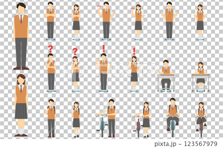 フラットイラスト：高校生正面(夏服) 123567979