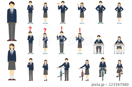 フラットイラスト：高校生正面(冬服) 123567980