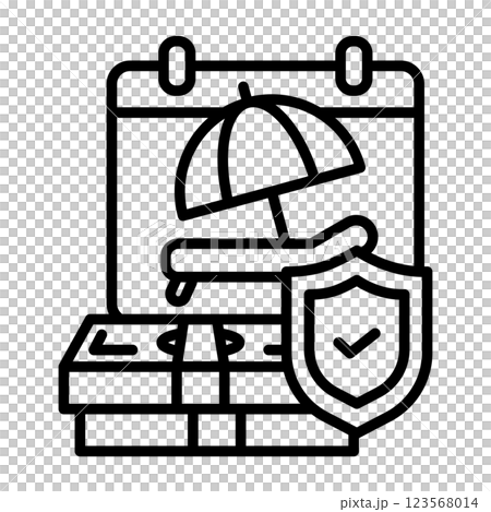 An image icon of paid vacation being protected. Vacation plans and money are protected by a shield. 123568014