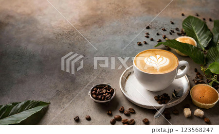 入れたてのカフェラテ 上からのアングル　コピースペース 123568247