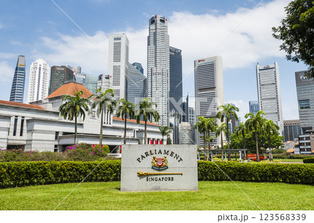 View of the Singapore Parliament House, a public building and a cultural landmark on the bank of the Singapore River, with a background of Financial District skyscrapers. 123568339
